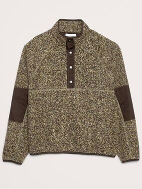 Banana Republic Boucle Fleece Olive and Brown Pullover Quarter Snap Sweater - M